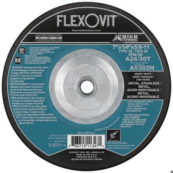 Flexovit HP Heavy Duty Depressed Center Wheel, 7 in Dia x 1/4 in THK, A24T Grit, Aluminum Oxide Abrasive A5302H